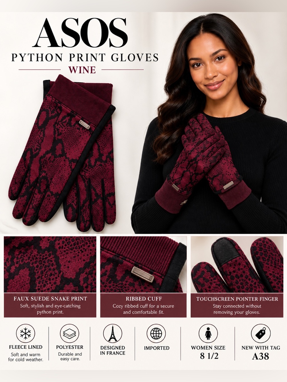 ASOS WOMEN’S PYTHON SNAKE PRINT GLOVES – WINE SIZE 8 1/2 (NEW WITH TAG) A38